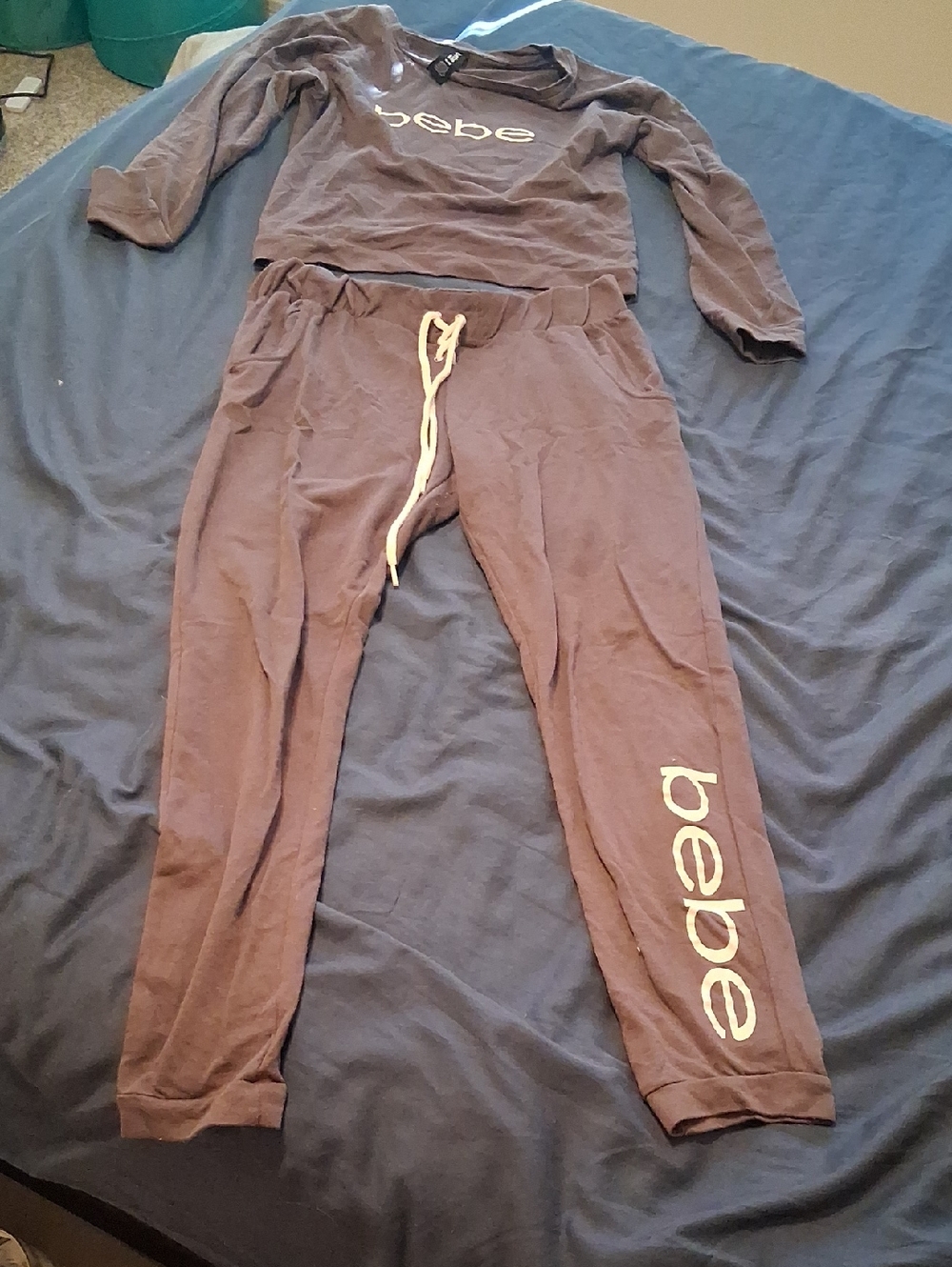 bebe Darkish Purple Two-Piece Lounge Set with Cream Logo
